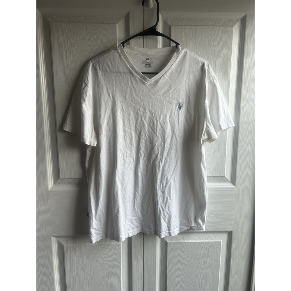 Polo Ralph Lauren Classic Fit V-Neck Tee – White Short Sleeve Logo – Size L